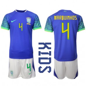 Lacne Dětský Futbalové dres Brazília Marquinhos #4 MS 2022 Krátky Rukáv - Preč (+ trenírky)